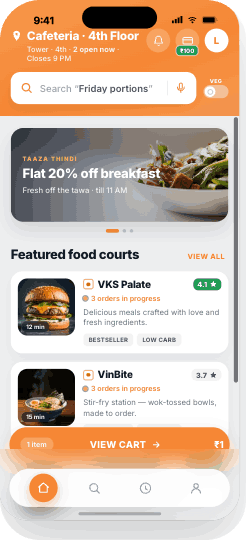 VKS Palate app · food court home screen