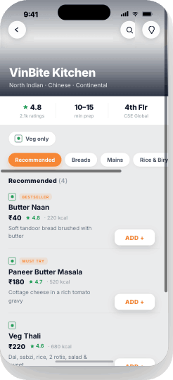 VKS Palate app · vendor menu screen
